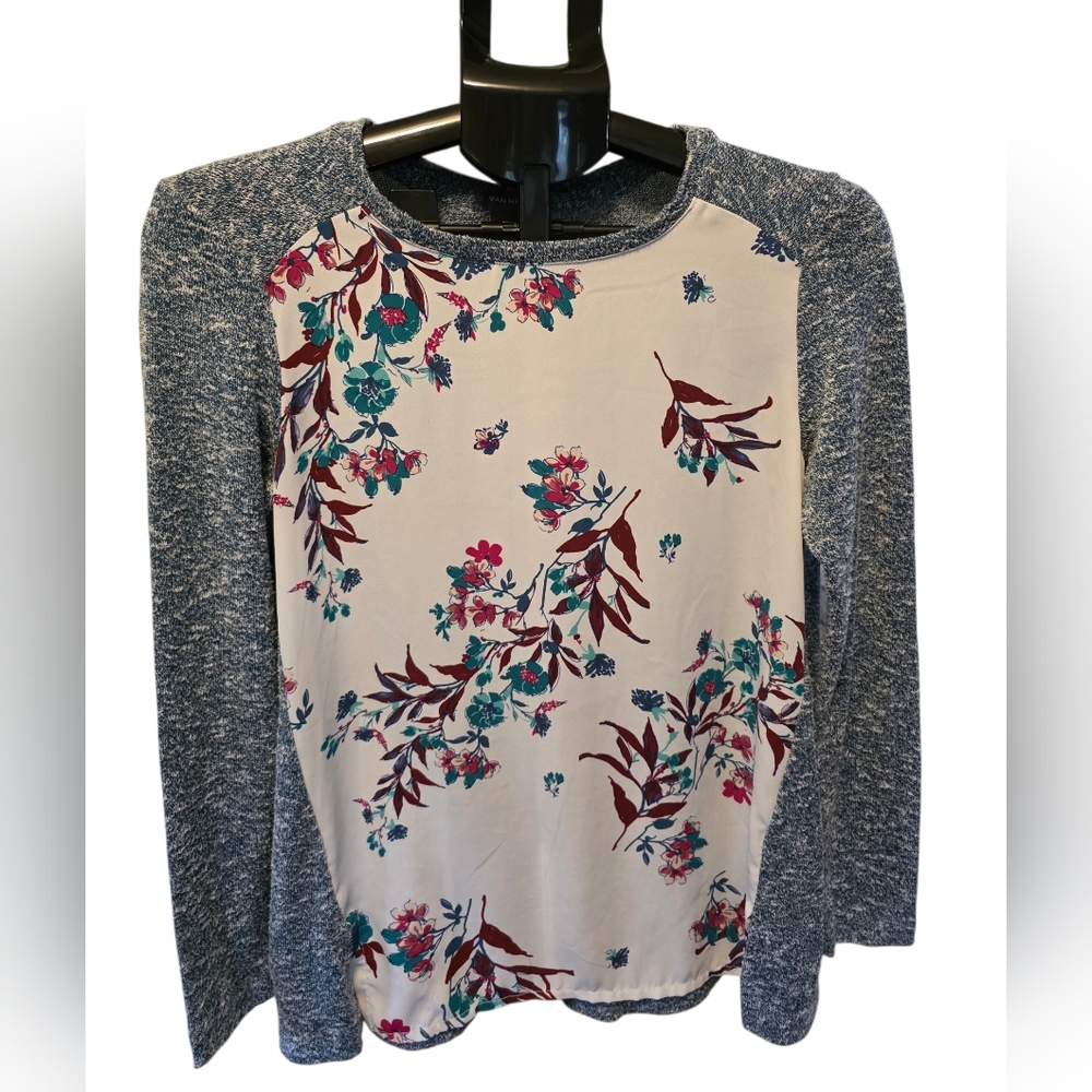 Van Heusen Floral Raglan Top XS Blue Long Sleeve Lightweight Blouse Casual Work